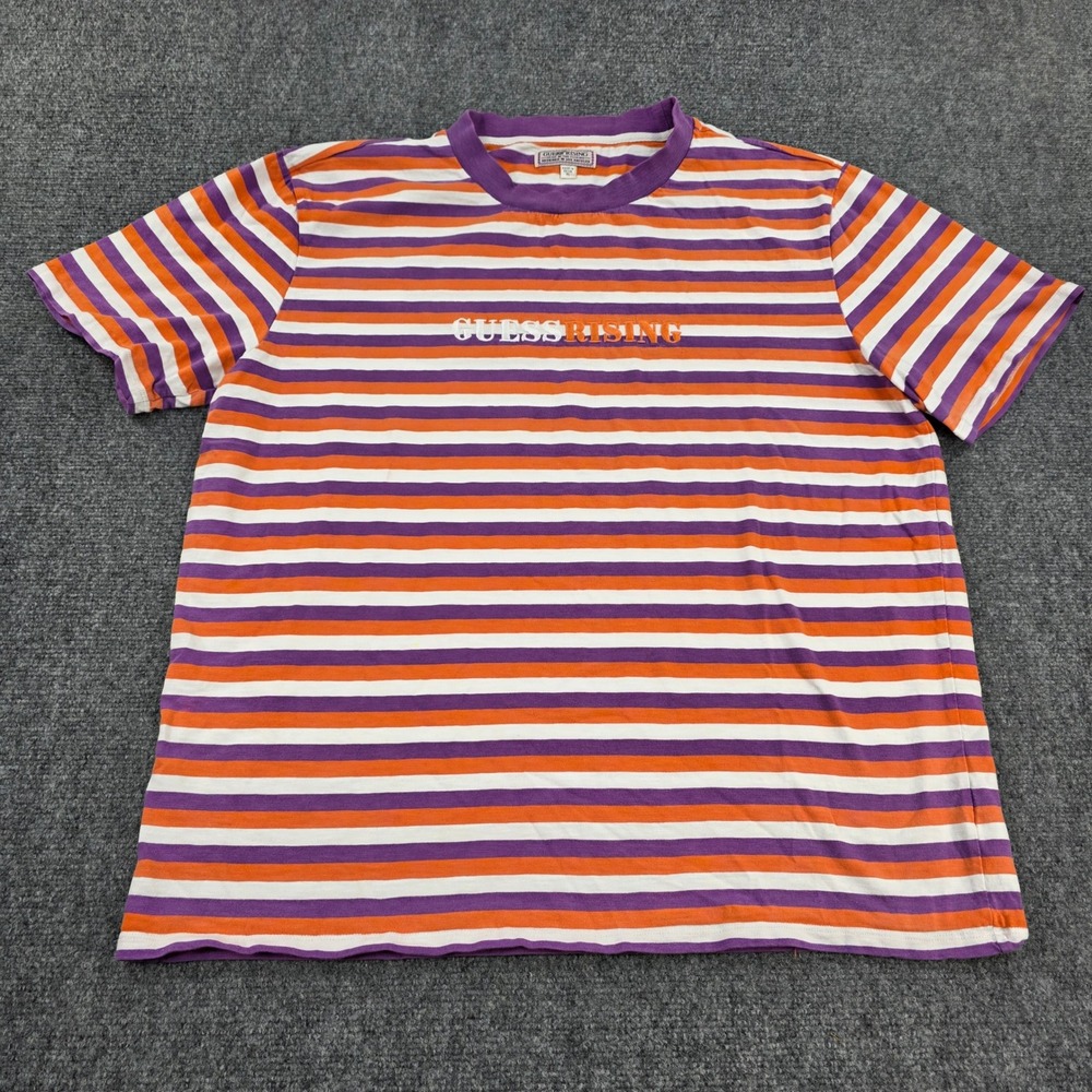 Vintage Guess x 88 Rising Striped T Shirt Orange Purple White Crew Neck‎ XL